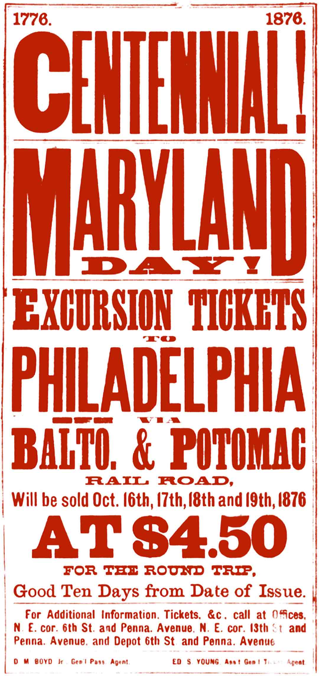 Flyer pour excursion en train à l'occasion du Centennial Maryland Day, 1876, cours histoire du graphisme par Nathan Rabeau!