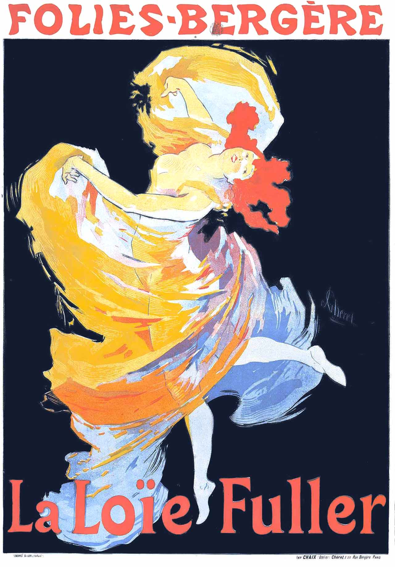 Affiche vintage 'Folies-Bergère - La Loïe Fuller' montrant une illustration vibrante de la danseuse Loïe Fuller en pleine performance avec des draperies fluides, conçue par Jules Chéret en 1893, cours histoire du graphisme par Nathan Rabeau!