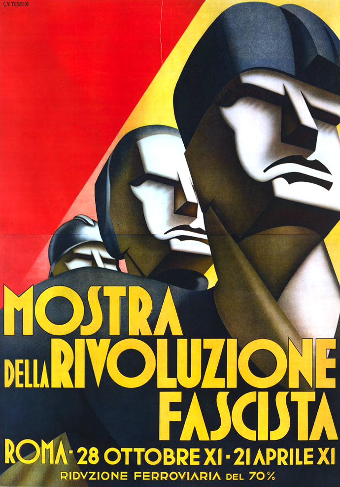 Affiche de l'exposition Mostra della Rivoluzione Fascista, Rome, 1932 (ou 1933, selon l'année XI du calendrier fasciste). Représentation de trois figures masculines avec un style graphique puissant et les mots "Mostra della Rivoluzione Fascista". Mention de la réduction ferroviaire de 70%, cours histoire du graphisme par Nathan Rabeau!