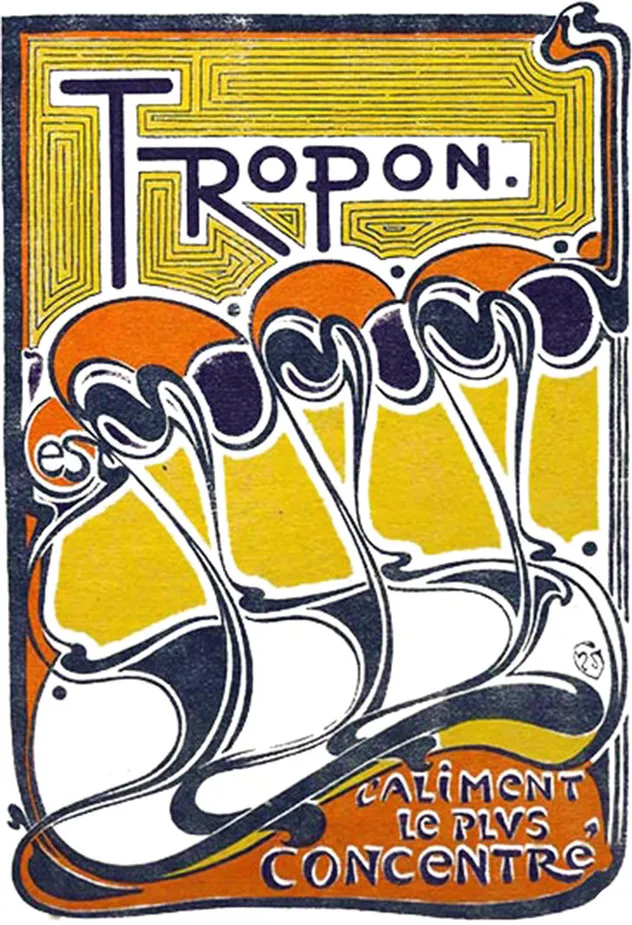 Affiche publicitaire de Tropon réalisée par Henry Van de Velde en 1898, illustrant un graphisme Art nouveau fluide et abstrait aux couleurs jaune, orange et noir, cours histoire du graphisme par Nathan Rabeau!