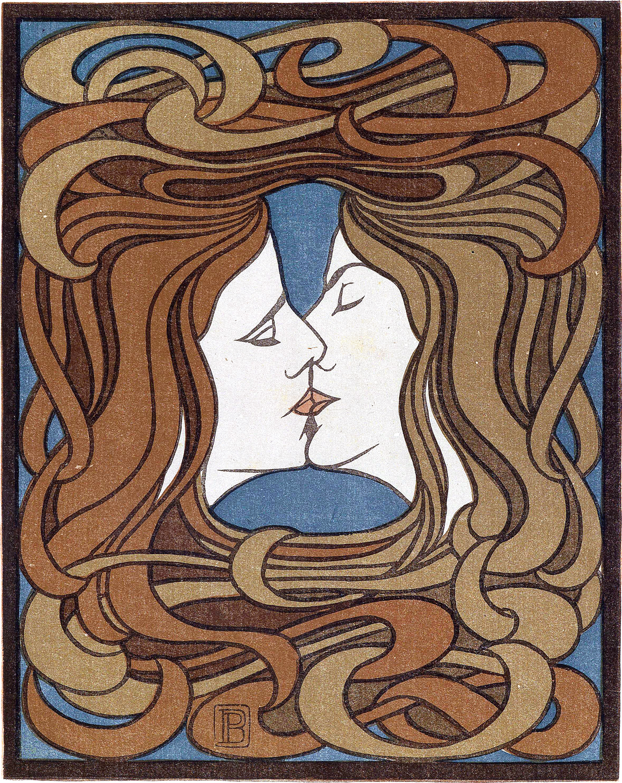 Xylogravure "Le Baiser" de Peter Behrens (1898), publiée dans la revue Pan, illustrant deux visages entrelacés dans un motif ornemental typique de l’Art nouveau, cours histoire du graphisme par Nathan Rabeau!