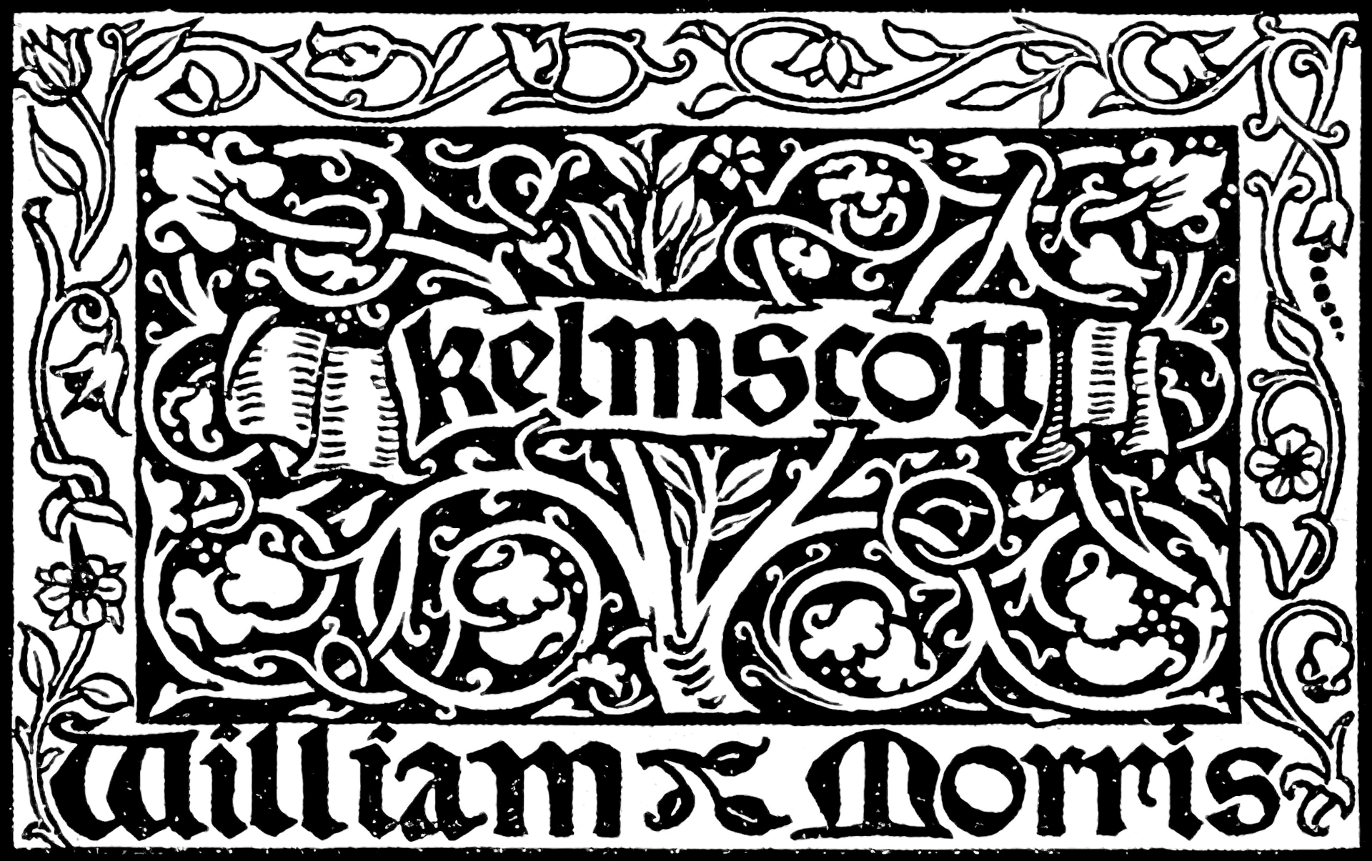 Colophon de la Kelmscott Press de William Morris avec un design floral complexe et du texte gothique, cours histoire du graphisme par Nathan Rabeau!