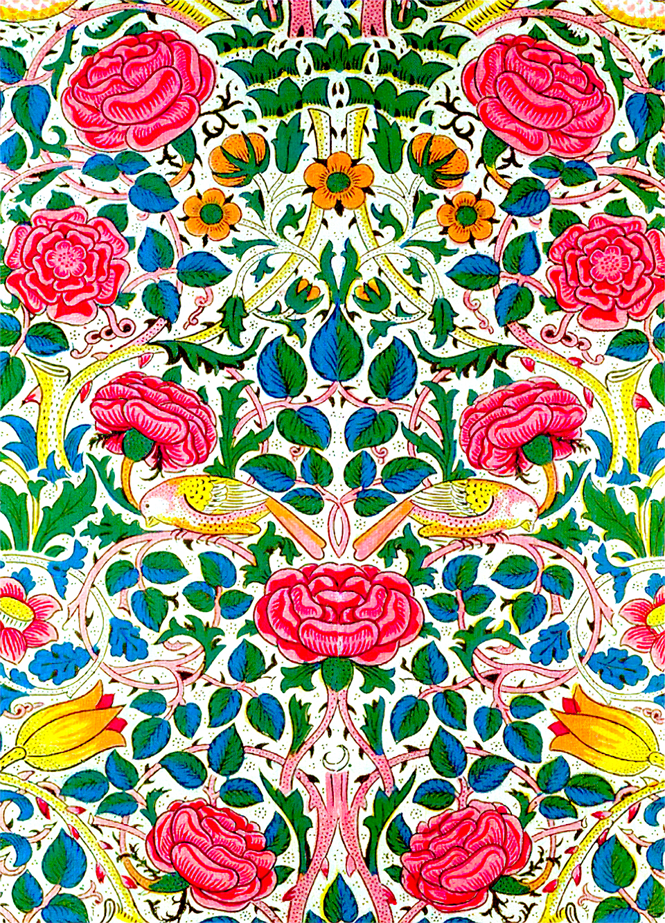 Design « Rose » par William Morris, motif floral avec tulipes, roses et oiseaux sur tissu de lin et coton, cours histoire du graphisme par Nathan Rabeau!