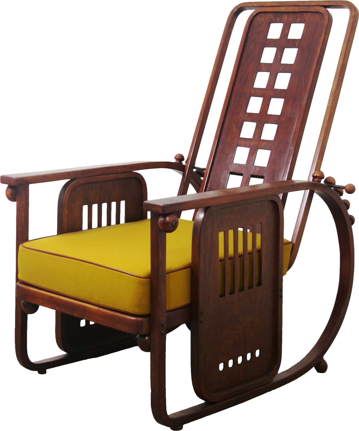 Fauteuil Sitzmaschine conçu par Josef Hoffmann en 1905 pour le sanatorium de Purkersdorf, illustrant l'esthétique Wiener Werkstätte avec structure en bois courbé et dossier ajustable, cours histoire du graphisme par Nathan Rabeau!