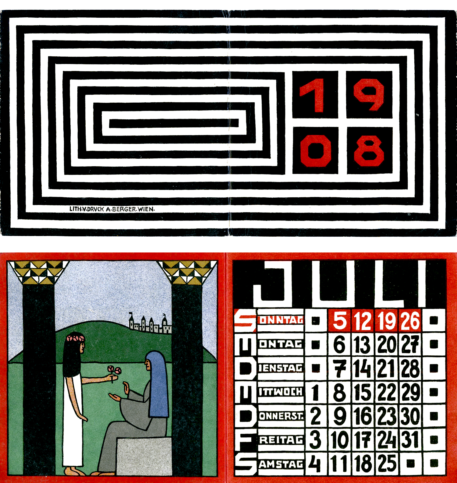 Illustration du calendrier de la Wiener Werkstätte datant de 1908, avec un design géométrique en noir et blanc et une scène colorée de style viennois, cours histoire du graphisme par Nathan Rabeau!