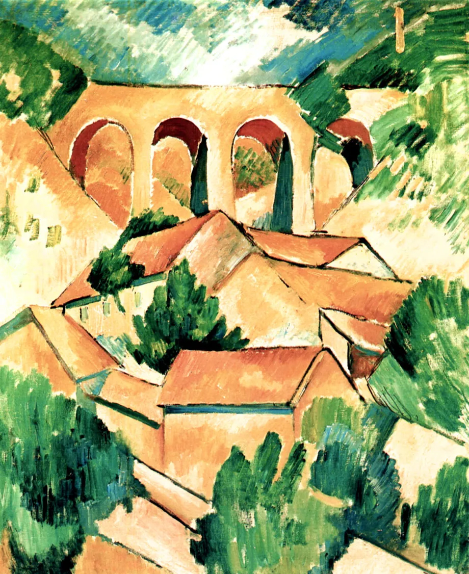 Peinture cubiste de Georges Braque, Viaduc de l'Estaque (1908), illustrant une approche géométrique du paysage, cours histoire du graphisme par Nathan Rabeau!