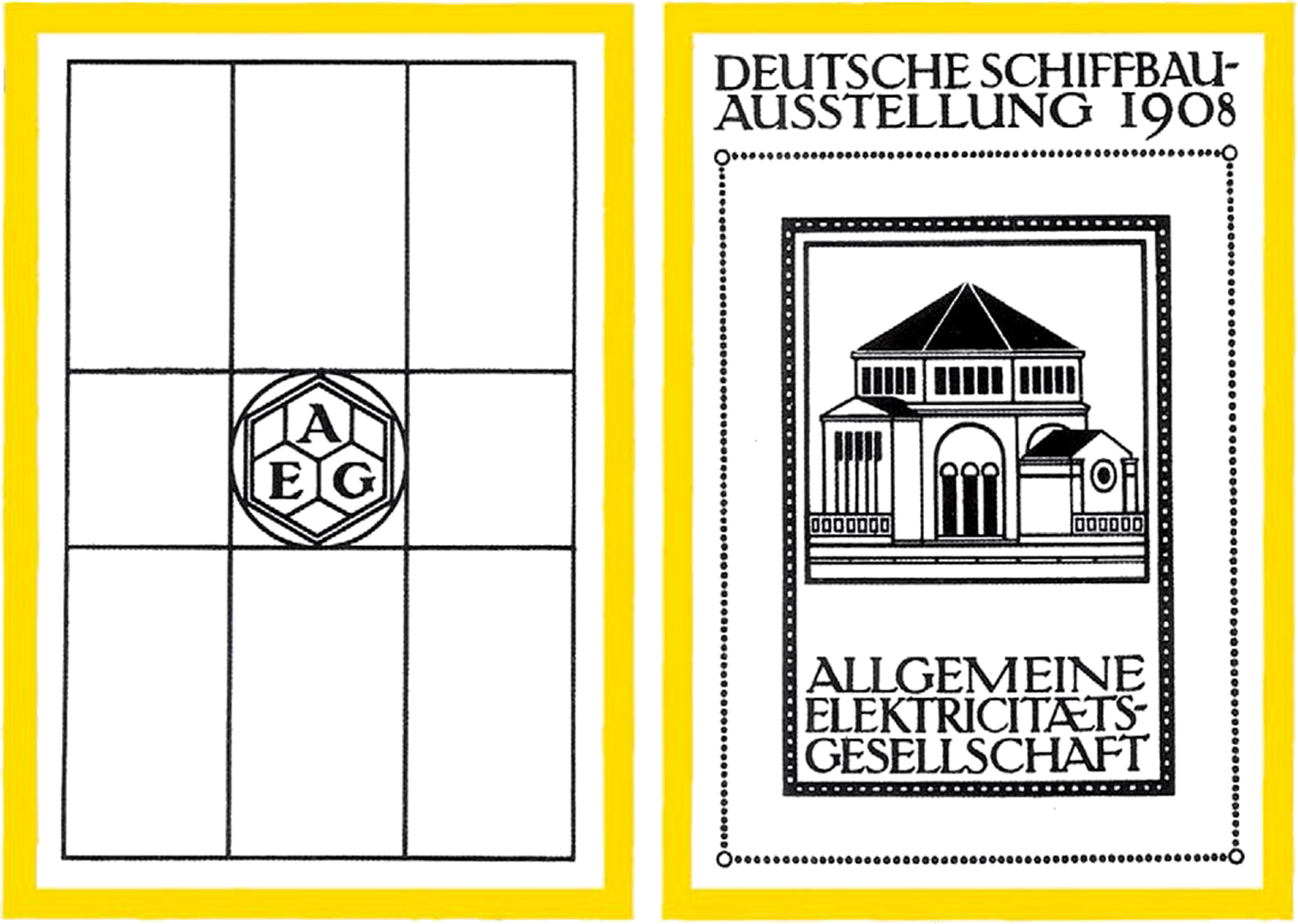 Catalogue AEG conçu par Peter Behrens en 1908 pour l’Exposition de construction navale allemande, illustrant une mise en page géométrique et une identité visuelle structurée, cours histoire du graphisme par Nathan Rabeau!