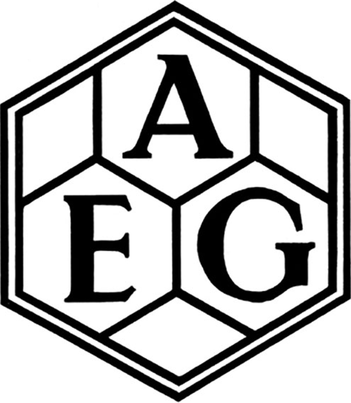 Logo hexagonal de l'AEG conçu par Peter Behrens en 1907, illustrant l’un des premiers systèmes d’identité visuelle d’entreprise, cours histoire du graphisme par Nathan Rabeau!