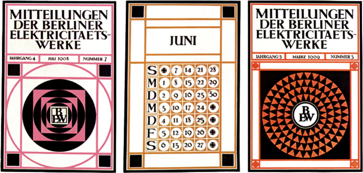 Série de couvertures du magazine "Mitteilungen der Berliner Elektricitätswerke" conçues par Peter Behrens en 1908-1909, illustrant une approche graphique géométrique et rationnelle, cours histoire du graphisme par Nathan Rabeau!