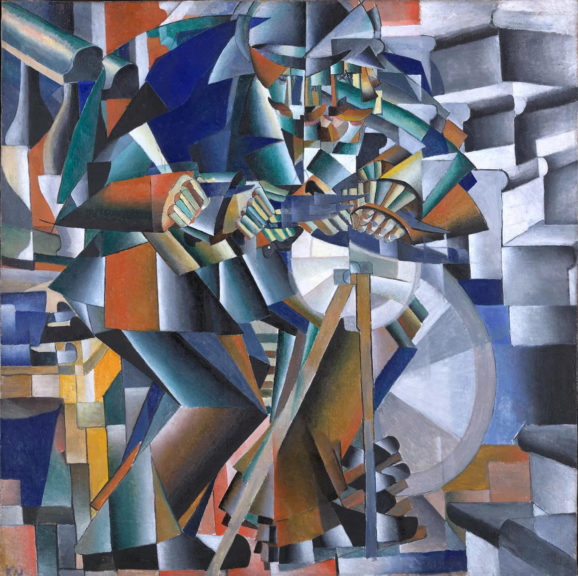 Peinture cubo-futuriste de Kasimir Malevitch, Le Rémouleur (1913), représentant un artisant en mouvement, cours histoire du graphisme par Nathan Rabeau!