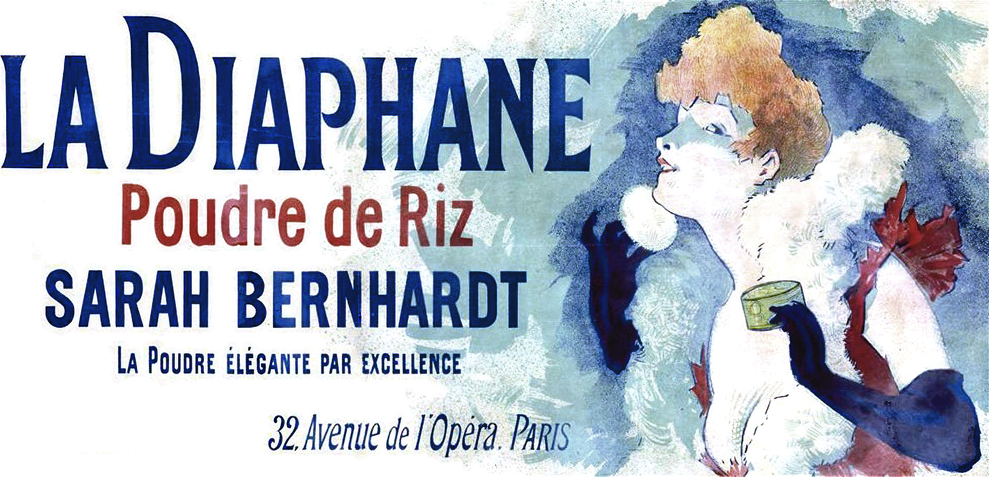 Affiche publicitaire de 1890 pour La Diaphane, poudre de riz Sarah Bernhardt, illustrée par Jules Chéret, cours histoire du graphisme par Nathan Rabeau!