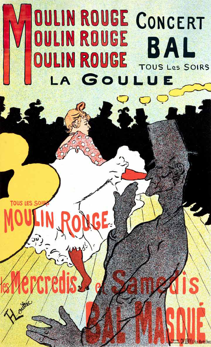 Affiche publicitaire de 1891 par Henri de Toulouse-Lautrec représentant La Goulue au Moulin Rouge, cours histoire du graphisme par Nathan Rabeau!