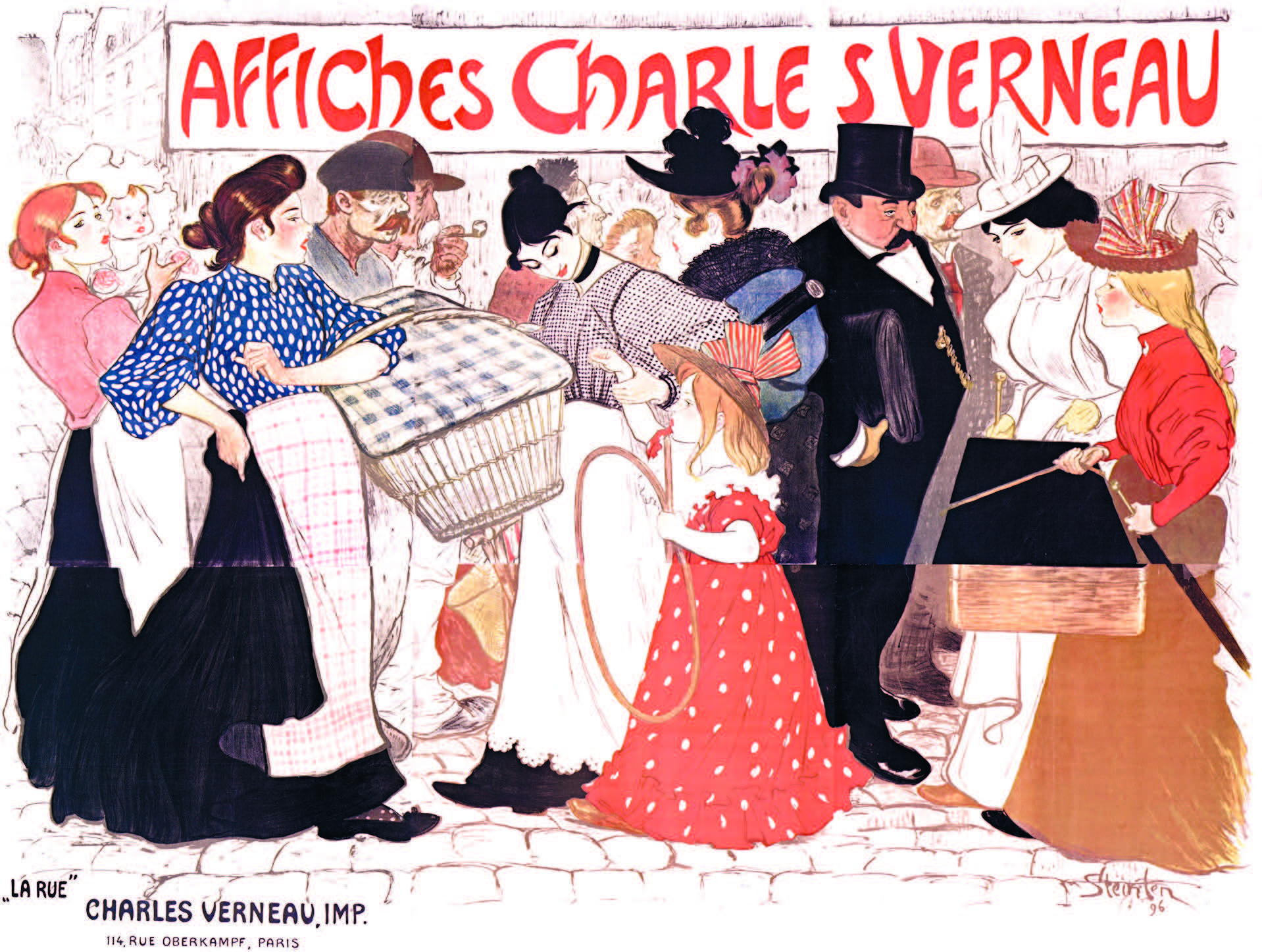 Affiche publicitaire de 1896 par Théophile-Alexandre Steinlen pour Charles Verneau, représentant une scène animée de rue, cours histoire du graphisme par Nathan Rabeau!