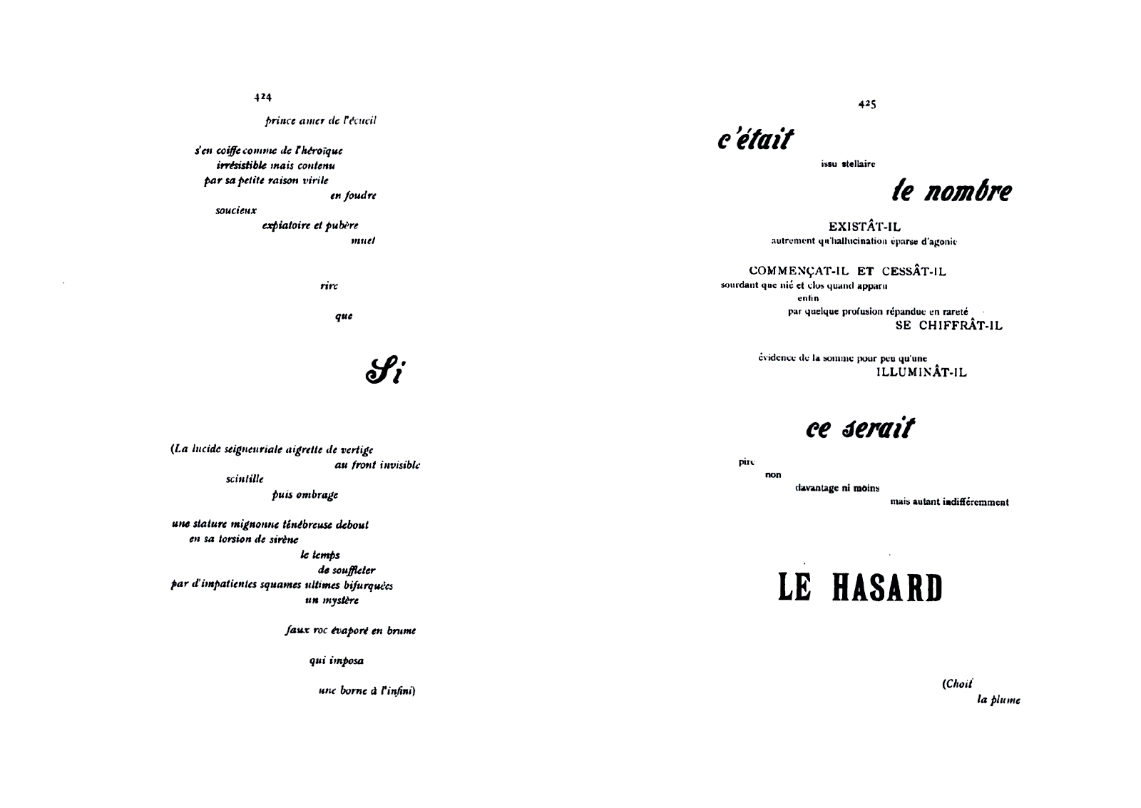 Page 424-425 du poème Un coup de dés jamais n'abolira le hasard de Stéphane Mallarmé. Mise en page typographique innovante avec les mots "prince amer de Pécueil", "le nombre", "EXISTAT-IL", "SE CHIFFRAT-IL", "LE HASARD", cours histoire du graphisme par Nathan Rabeau!