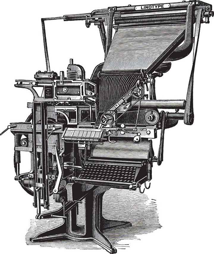 Illustration d'une machine de composition de matrices Linotype, cours histoire du graphisme par Nathan Rabeau!