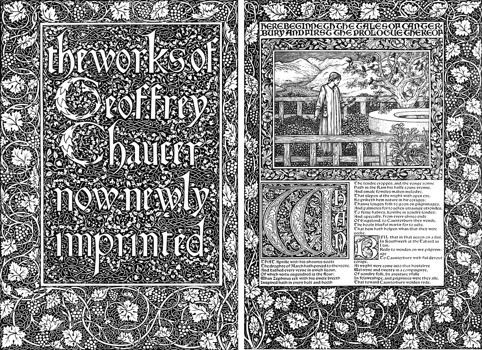 Les Œuvres de Geoffrey Chaucer par William Morris, édition Kelmscott Press avec un design gothique complexe et de la calligraphie, cours histoire du graphisme par Nathan Rabeau!