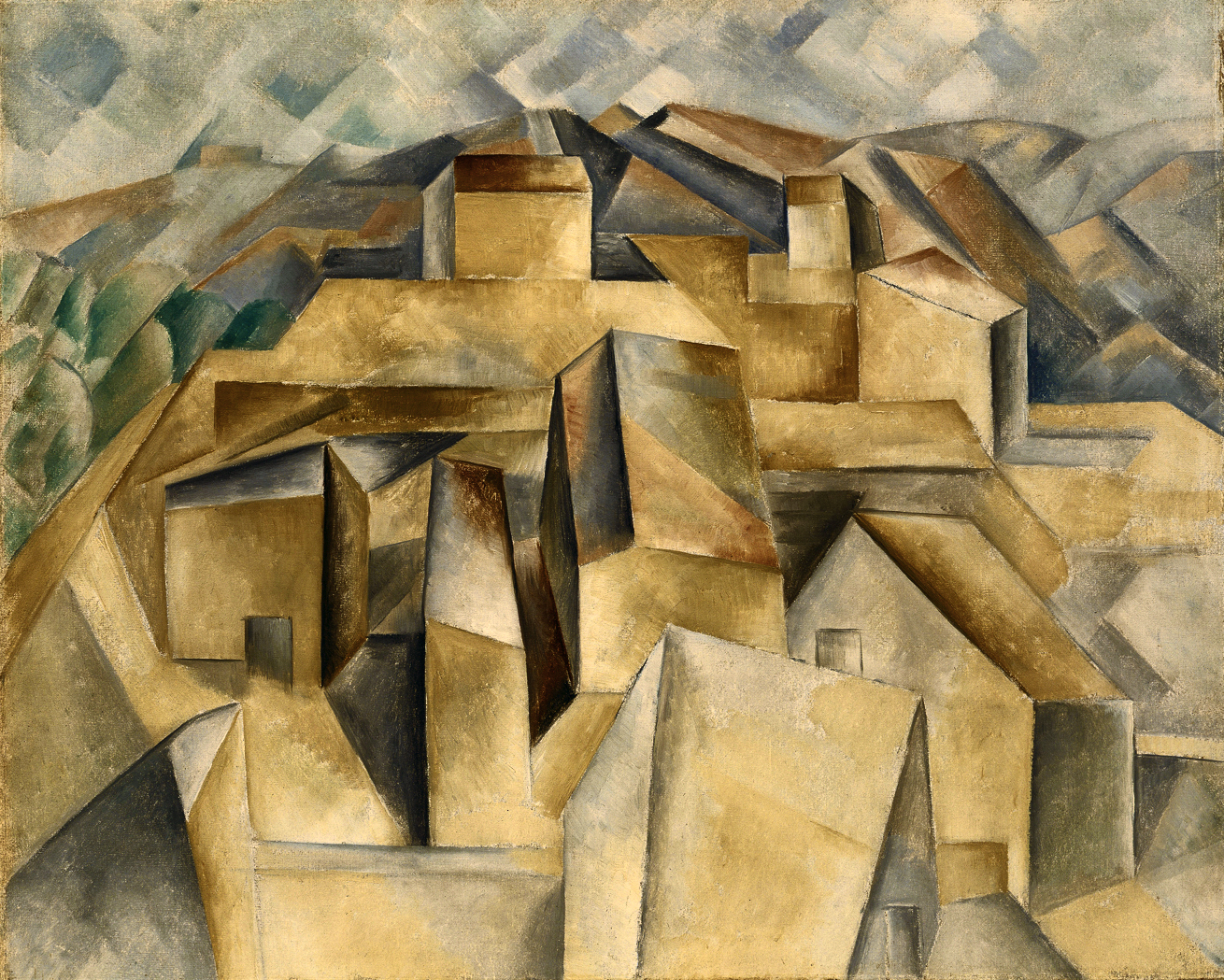 Tableau cubiste de Pablo Picasso, Maisons sur la colline (1909), une exploration des formes et de la perspective, cours histoire du graphisme par Nathan Rabeau!