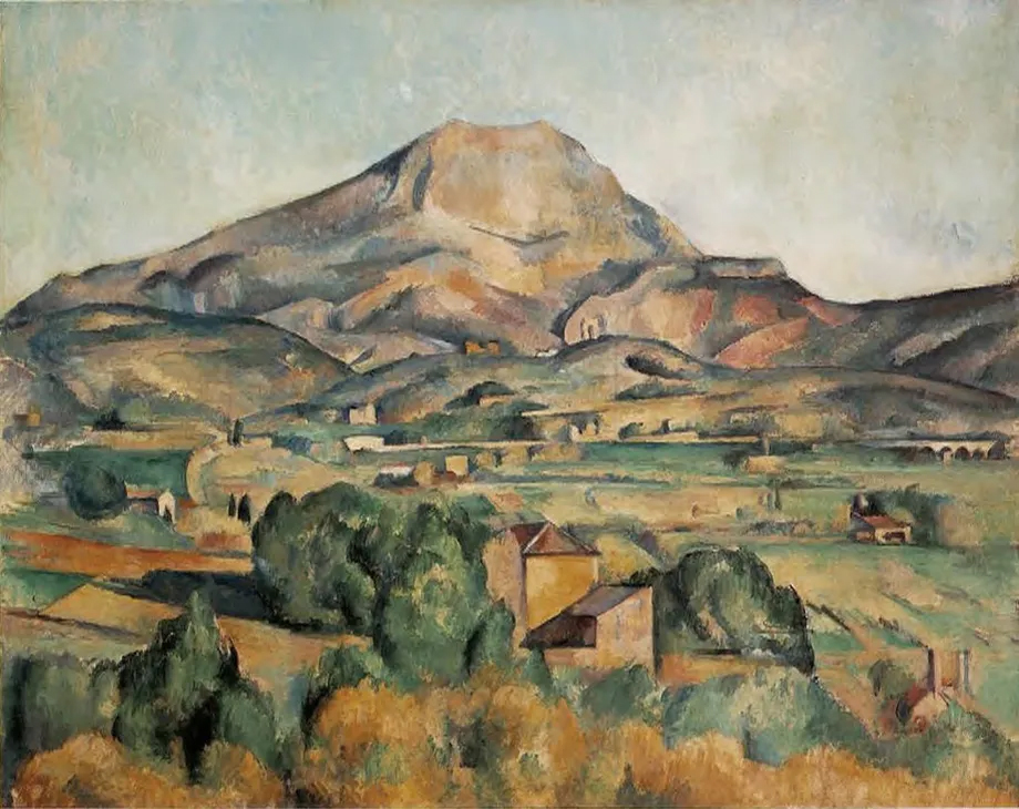 Peinture emblématique de Paul Cézanne représentant la Montagne Sainte-Victoire, une œuvre clé du postimpressionnisme, cours histoire du graphisme par Nathan Rabeau!