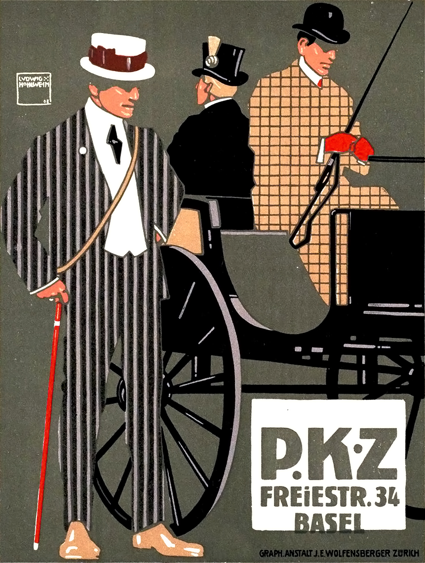 Affiche PKZ (1908) de Ludwig Hohlwein, représentant un homme élégant en costume rayé devant une calèche, illustrant le style Sachplakat et l’application décorative des motifs, cours histoire du graphisme par Nathan Rabeau!