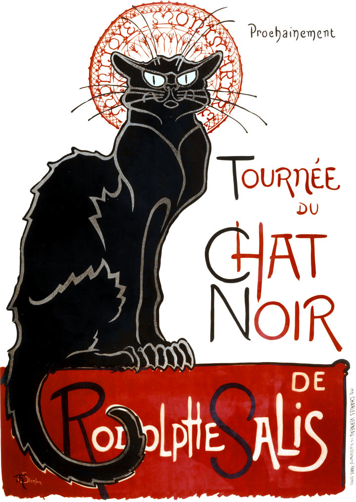 Affiche de 1896 par Théophile-Alexandre Steinlen pour la Tournée du Chat Noir de Rodolphe Salis, représentant un chat noir stylisé, cours histoire du graphisme par Nathan Rabeau!