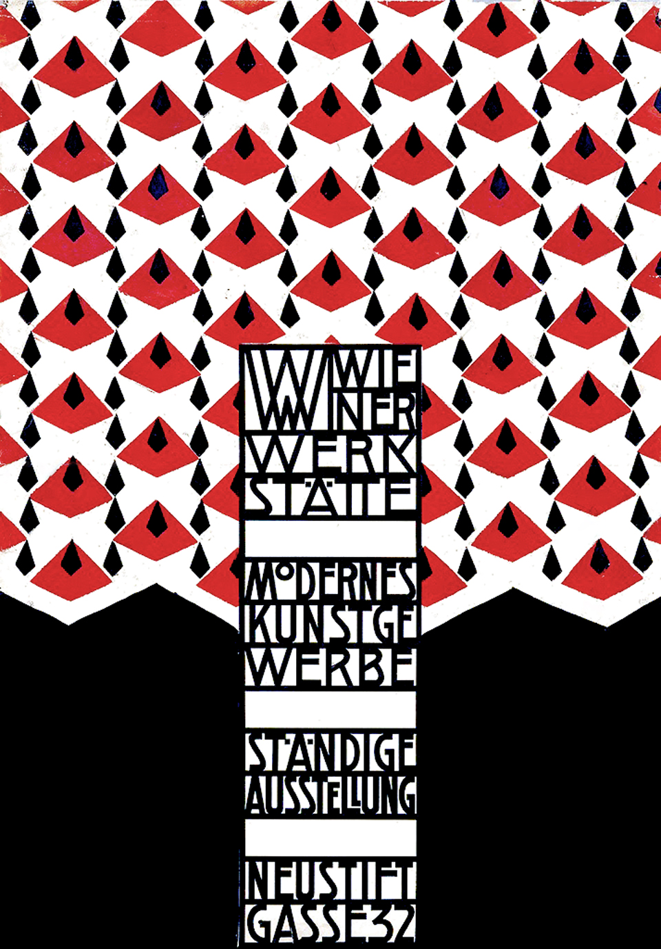 Affiche de Josef Hoffmann pour l’ouverture du premier showroom de la Wiener Werkstätte à Vienne en 1905, présentant un motif géométrique rouge et noir, cours histoire du graphisme par Nathan Rabeau!