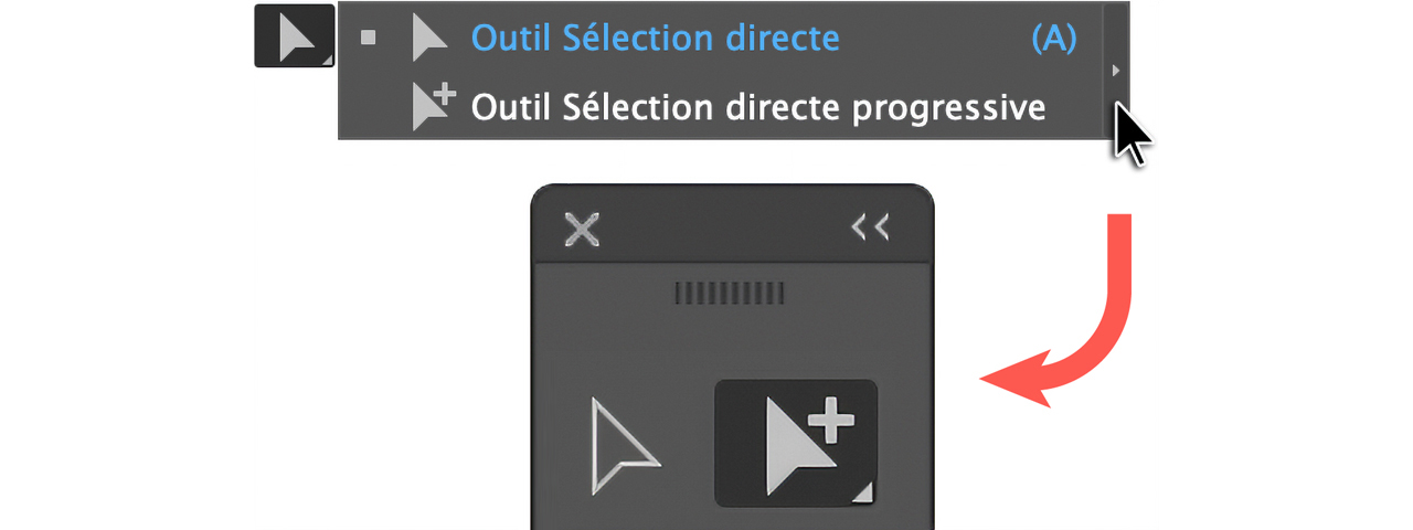 Illustration du menu des outils cachés dans Illustrator, montrant l'outil de sélection directe et l'outil de sélection directe progressive!