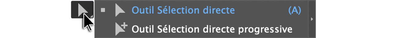 Menu des outils cachés dans Illustrator montrant l'outil de sélection directe et l'outil de sélection directe progressive avec le raccourci clavier A!