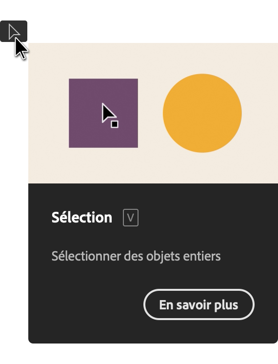 Capture d'écran de l'outil de sélection dans Illustrator montrant son nom, une illustration de son fonctionnement et le raccourci clavier V dans une infobulle!