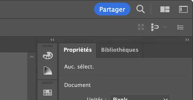 Capture d'écran de l'interface Illustrator montrant le panneau Propriétés et l'onglet Bibliothèques pour illustrer l'agencement personnalisable des panneaux!