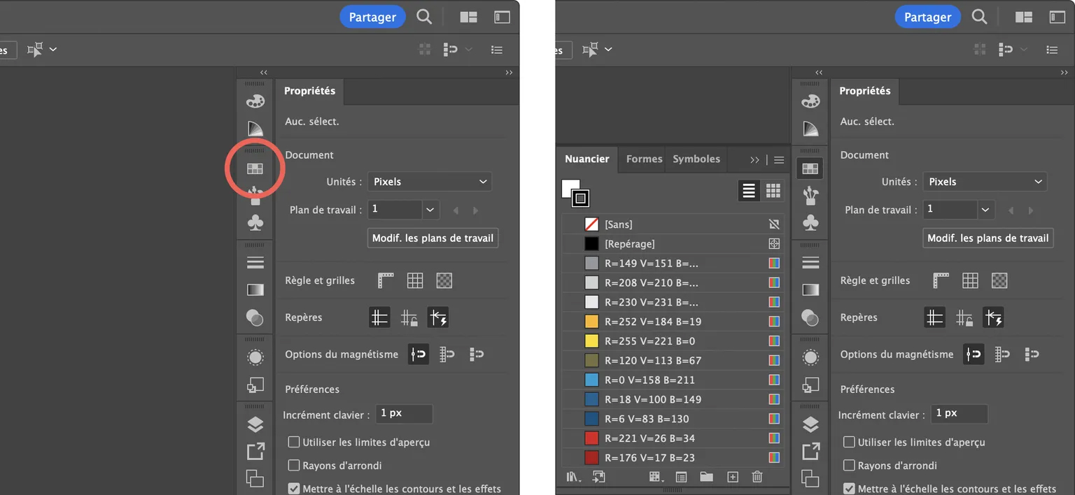 Capture d'écran du panneau Palette dans Illustrator montrant les options d'ouverture, de superposition en onglets ou de repliement en icônes!